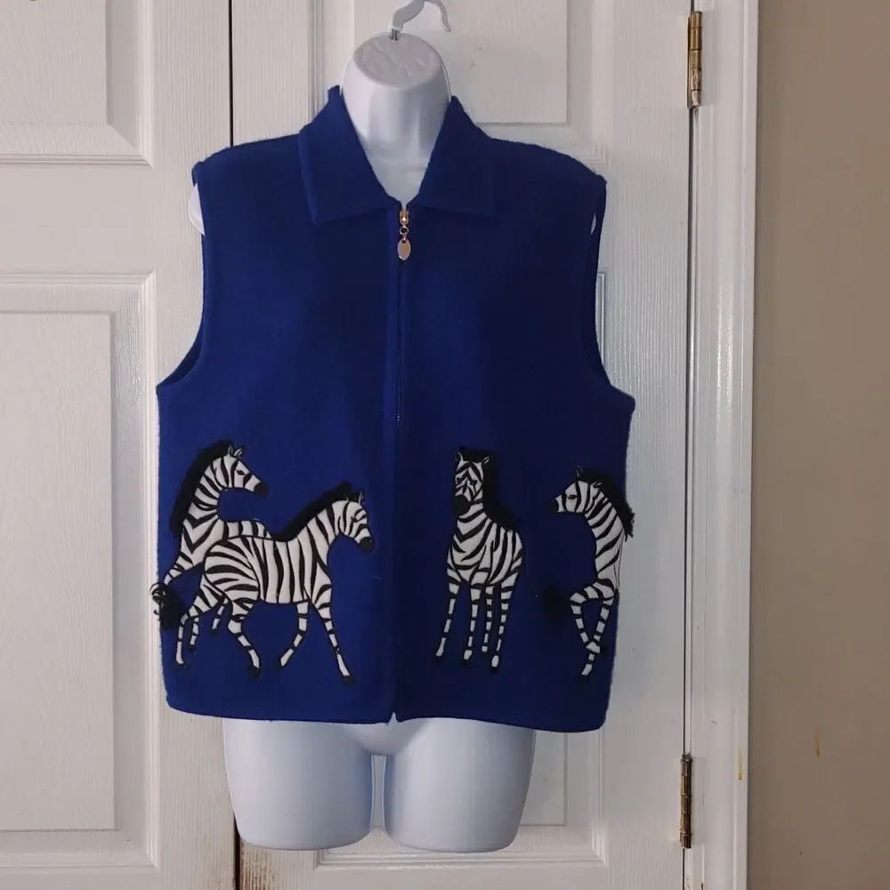 Lisa International Royal Blue zebra zip up vest 100% boiled wool Sz M